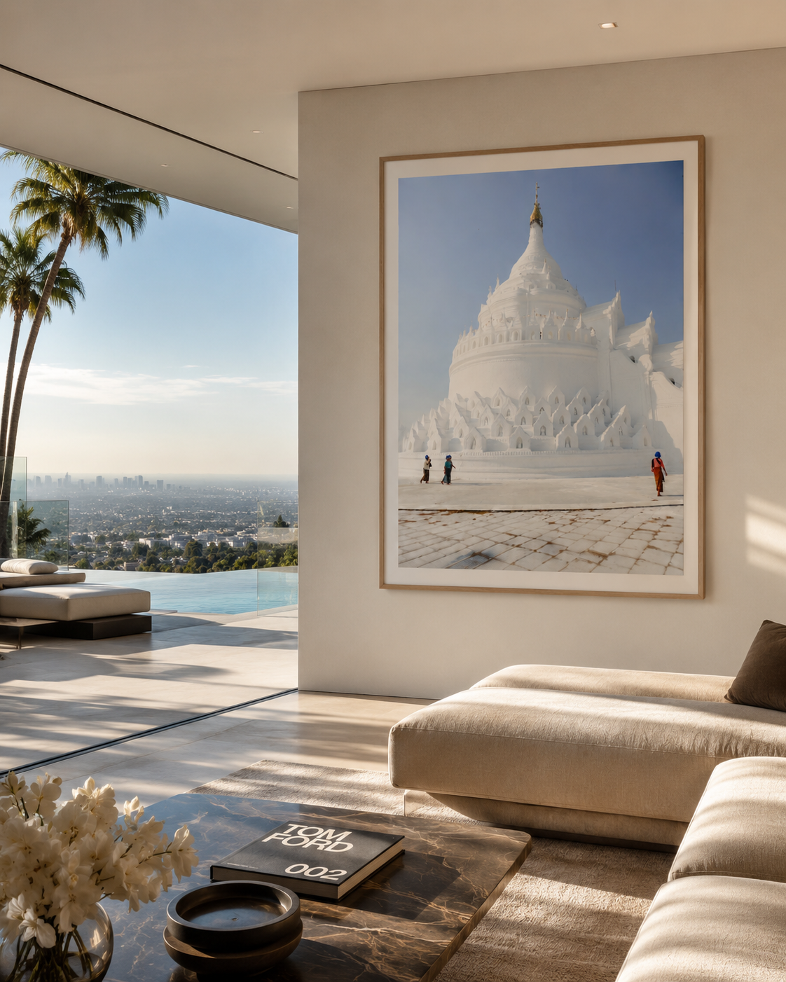 Photographie d'art du temple blanc de Hsinbyume en Birmanie mise en situation dans un salon contemporain avec vue panoramique